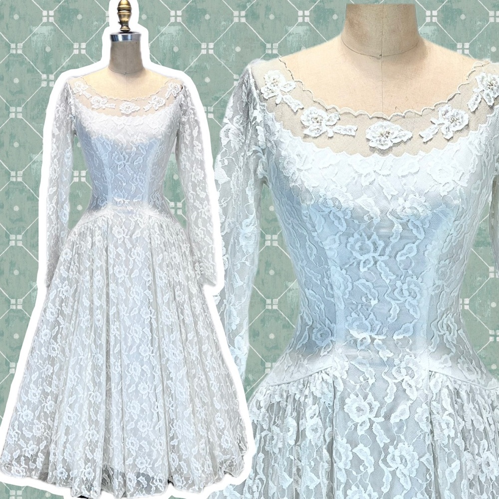 VINTAGE MCM 50s mid century lace wedding dress gown full long sleeve floral - Picture 16 of 16